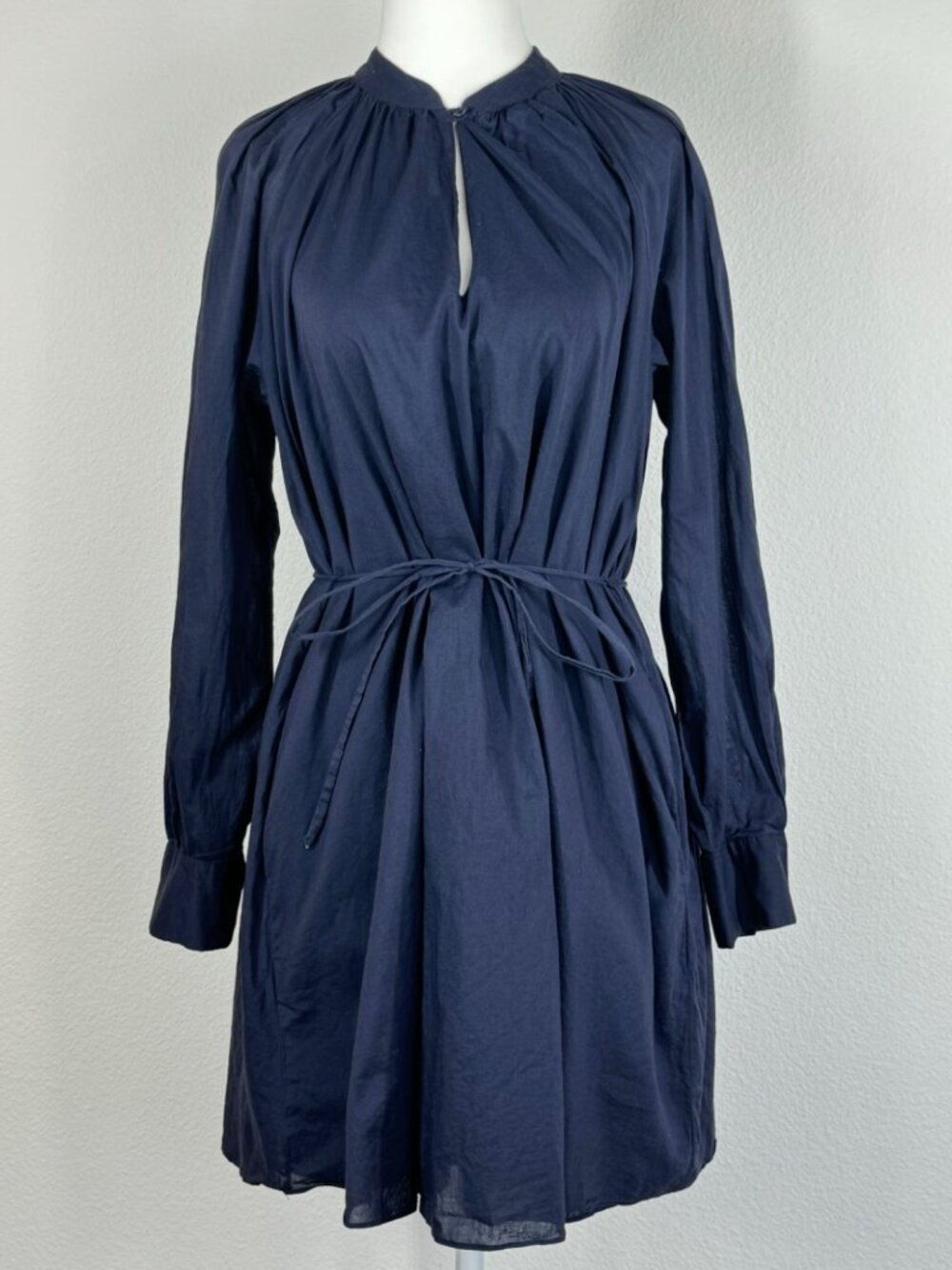 Rebecca Taylor Long Sleeve Shirt Dress Sz S Navy Blue Tie Waist Pockets